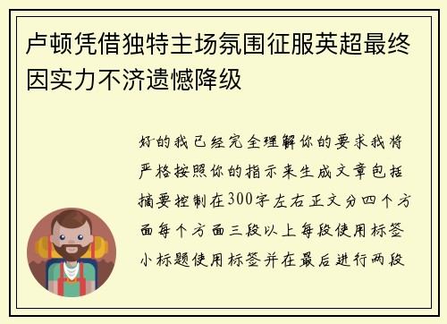 卢顿凭借独特主场氛围征服英超最终因实力不济遗憾降级